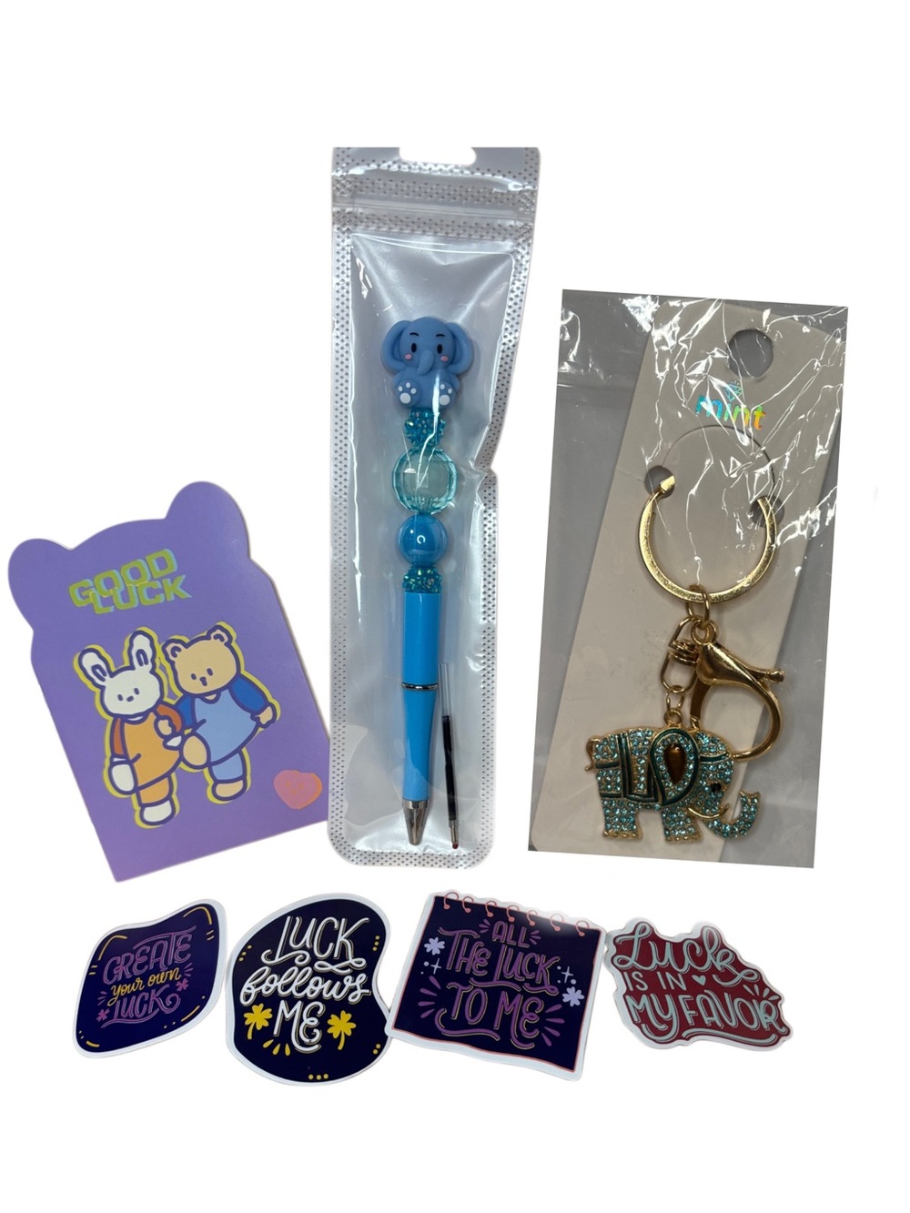 🔥LUCKY BUNDLE: Elephant Pen, Bling Keychain, Mini Notebook, & 4-pack Stickers
